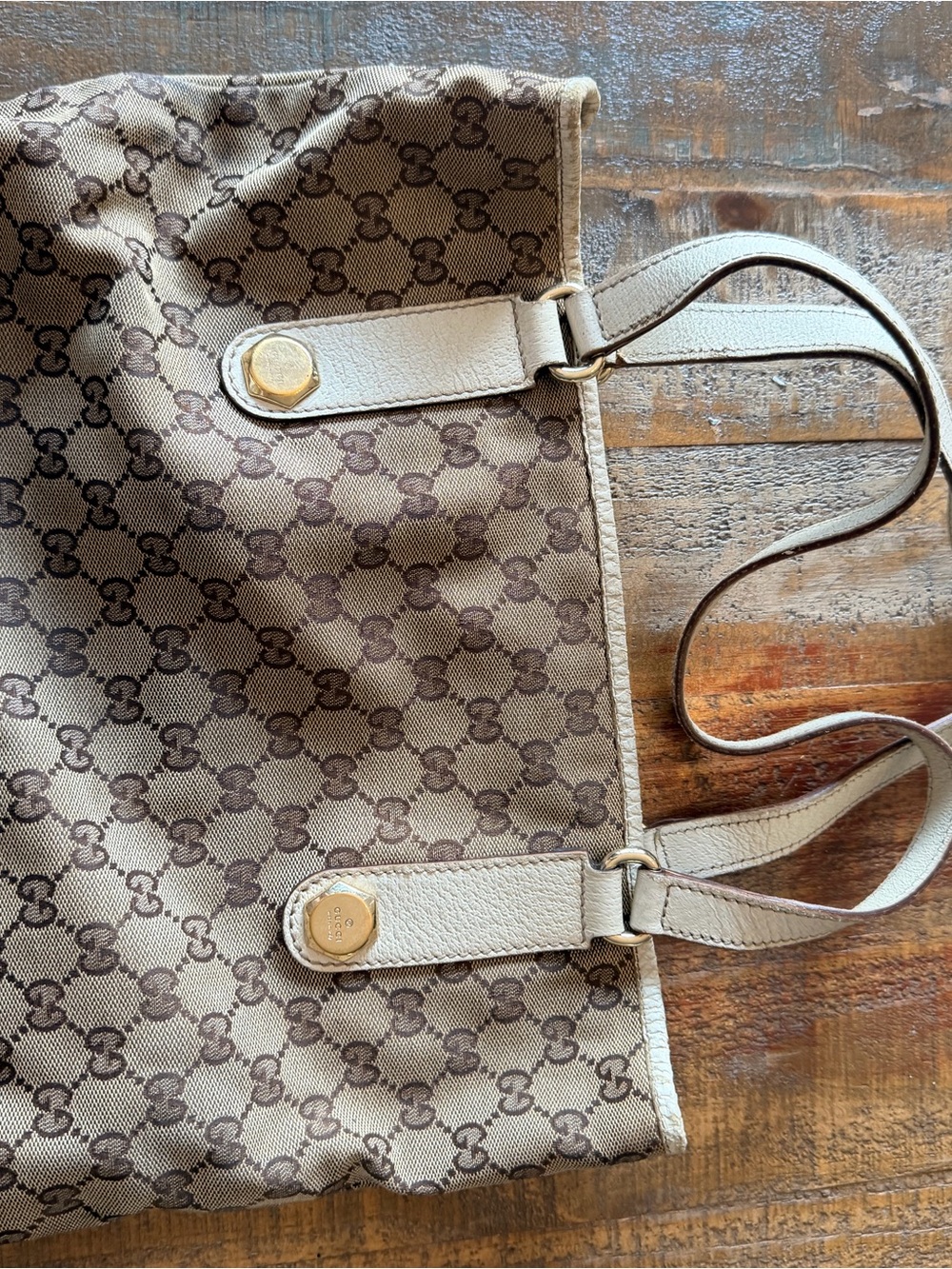 Gucci Beige and Brown GG Canvas Tote with Cream Leather Trim